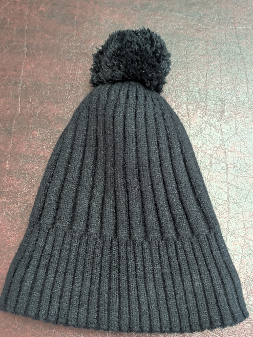 Black Pom-Pom Rib Knit Kids Beanie. Velvety Inside.